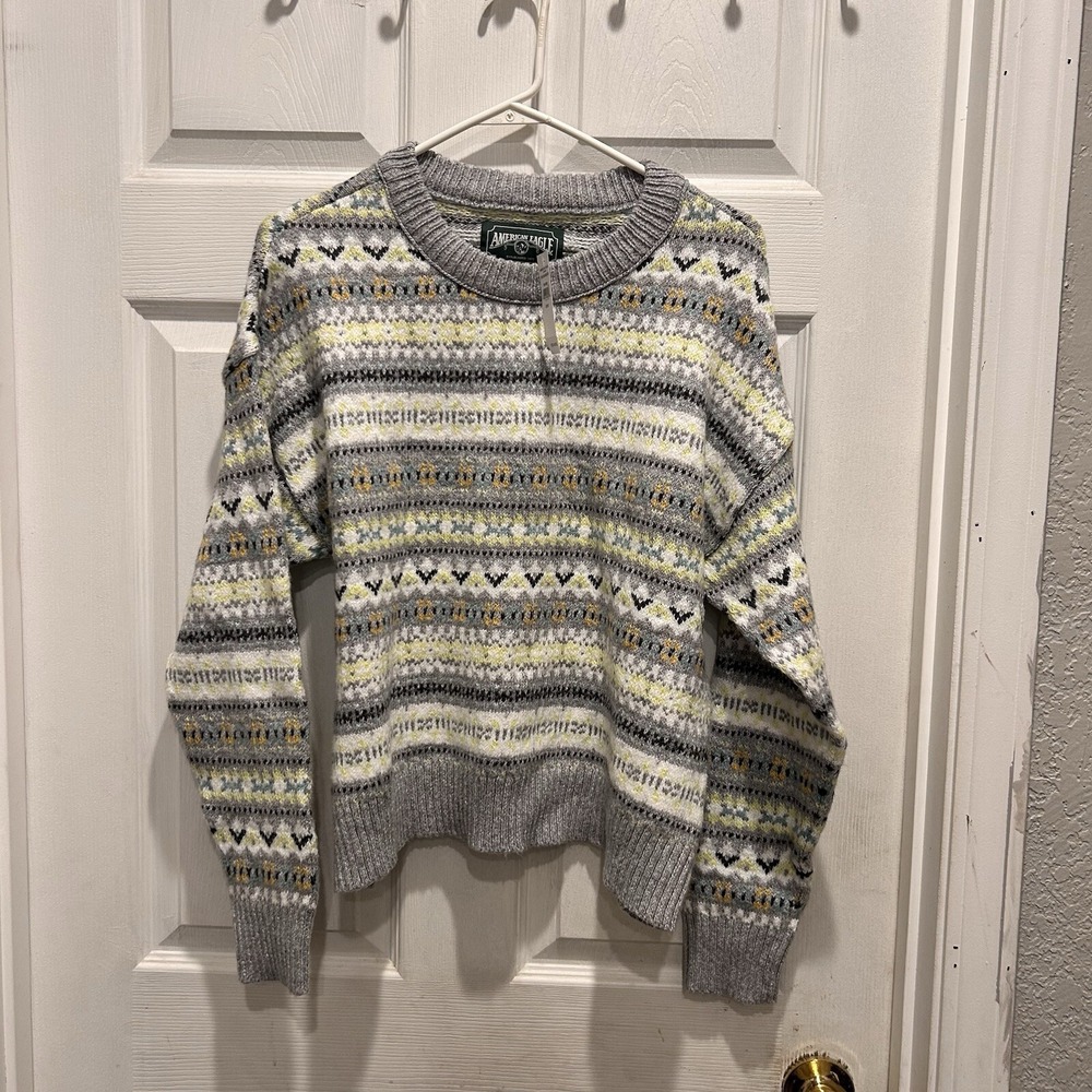 American Eagle Womens Fair Isle Knit Sweater Gray Yellow‎ Geometric Size M NEW